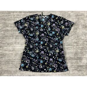 iHeart Scrubs Scrub Top Womens XS Black Geometric Bubble Print Mock Wrap Cotton